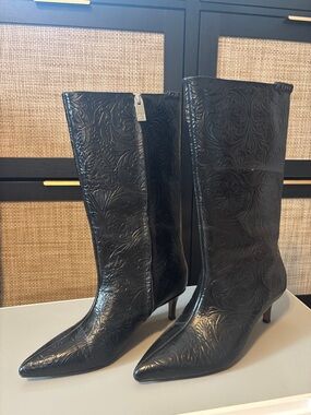 SARTO By Franco Sarto Black Embossed Pointed-Toe Mid-Calf Heeled Boots
